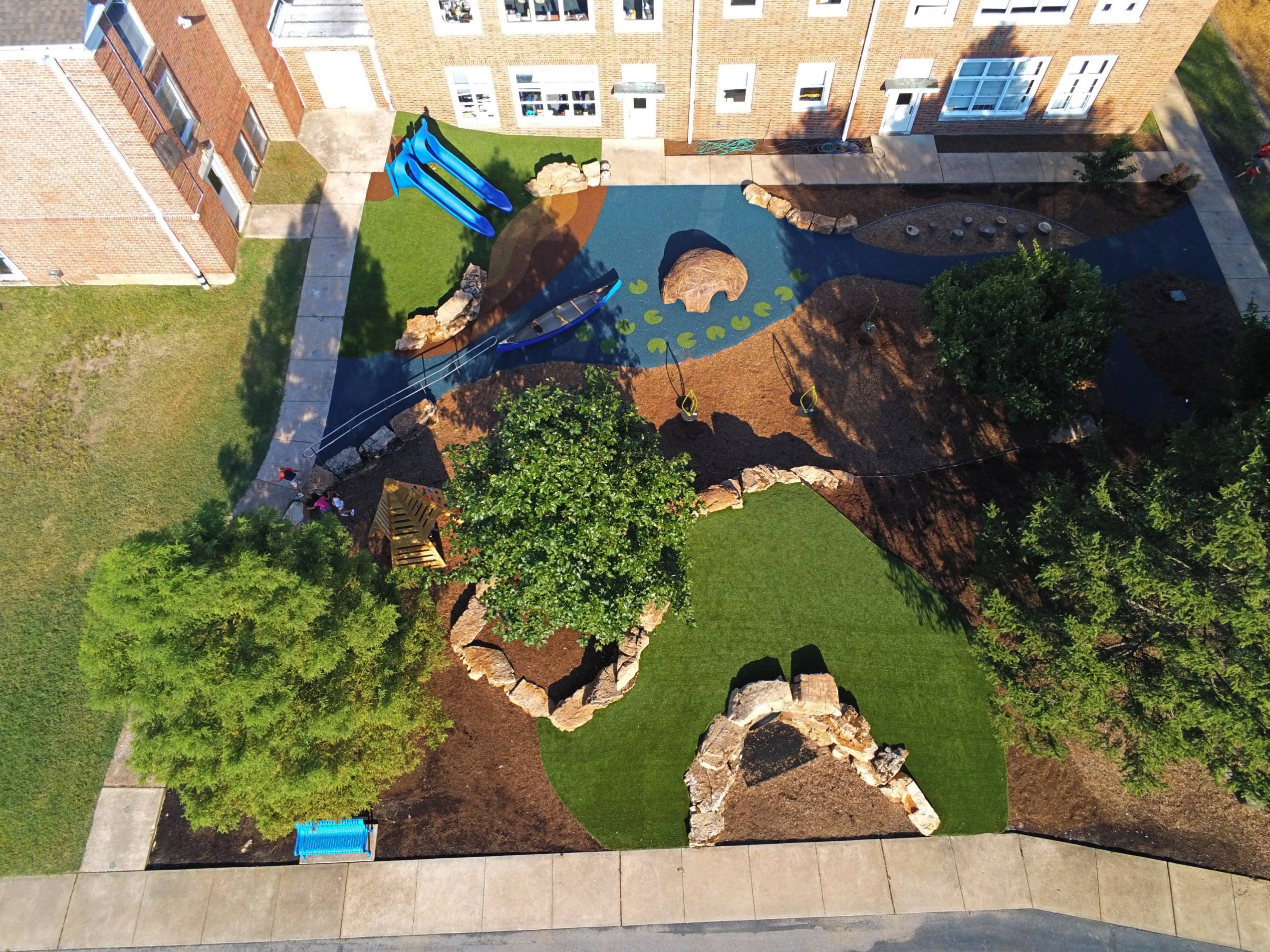 Drone shot of commercial artificial grass playground